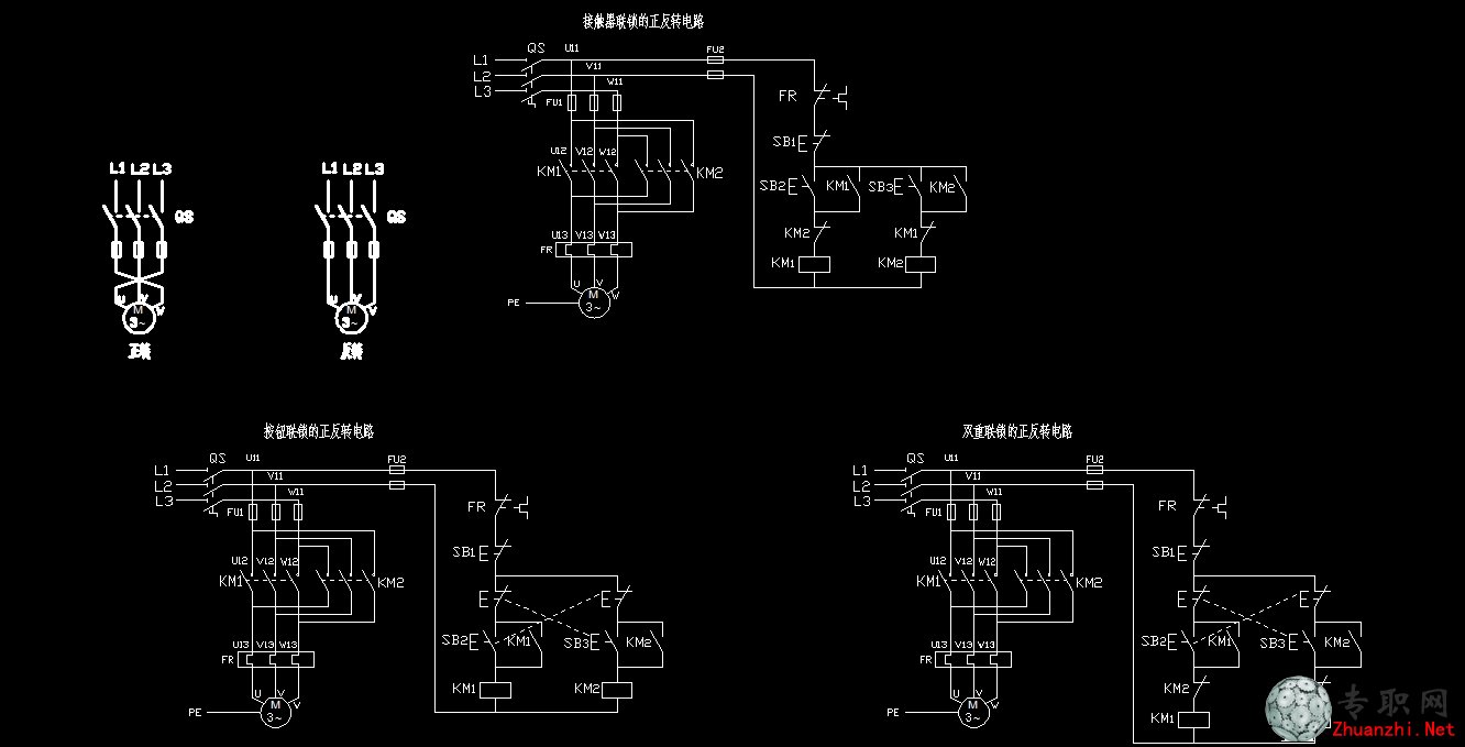 电机正反转控制电路图(三种)_CAD图纸\/dwg格
